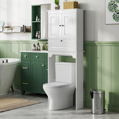 Over The Toilet Storage Cabinet, White | Over Toilet Bathroom Organizer, Freestanding Bathroom Cabinet Over Toilet with Double Doors and Adjustable Shelf