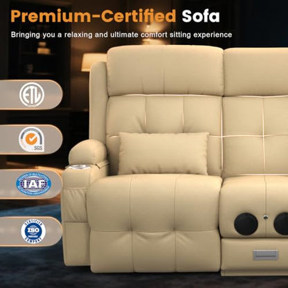 Home Theater Seating, Power Loveseat Recliner Sofa with Massage & Heat | Wall Hugger Reclining Loveseat with USB, RV Couch with LED Lights, Flip Backrest, Cup Holders for Movie Theater, Gaming Room - color: Pebbled Beige White, size: 72" - 2 Seats
