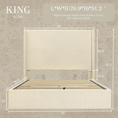 King Bed Frame with Lift Up Storage, 51.2" Tall Headboard and Upholstered Wingback Platform Bed Frame, Hydraulic Support, No Box Spring Needed, Beige Corduroy - size: King (U.S.Standard)