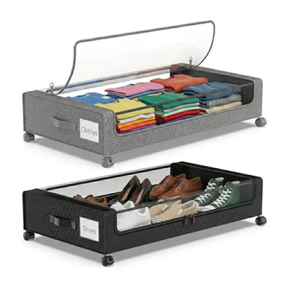Under Bed Storage with Wheels, 2Pack 50L Organizer with Clear Lid & Label | Underbed Shoe Storage Organizer, Rolling Under Bed Metal Drawers for Clothes&Blankets, Large Capacity, Dust-proof, Foldable