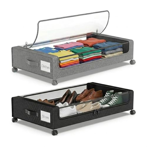 Under Bed Storage with Wheels, 2Pack 50L Organizer with Clear Lid & Label | Underbed Shoe Storage Organizer, Rolling Under Bed Metal Drawers for Clothes&Blankets, Large Capacity, Dust-proof, Foldable