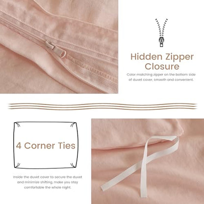 BISELINA French Linen Duvet Cover Set 2pcs with Hidden Zipper Closure Natural Flax Cotton Blend Solid Color Soft Breathable Luxury Farmhouse Bedding - Twin Size, Pale Pink - color: Pale Pink, size: Twin