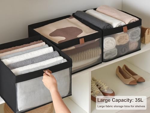 StorageWorks Closet Storage Bins, Extra Large Storage Baskets with Clear Window and Handles, Foldable Fabric Organizer for Clothes, Shelves, Black, 3 Pack - color: Black, size: 14 ½"L x 14 ½"W x 10 ¼"H