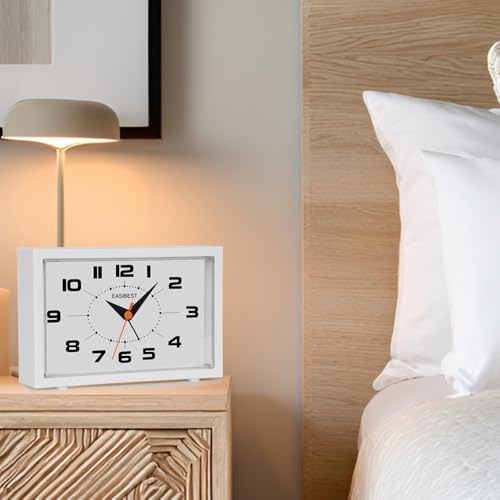 Silent No Ticking Analog Alarm Clock,Crescendo Alarm,Snooze with Light,Tablemount Wall Mount for Desk Bedside,White