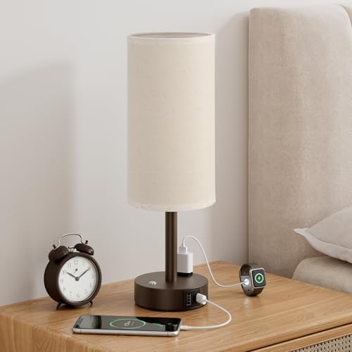Brown Touch Bedside Lamp for Bedroom, Stepless Dimmable, USB A+C, AC Outlet | Base Touch Button Only, Memory Brightness, Ultra-dim Night Light, Included Bulb for Optimal Dimming, Beige Fabric Shade, Desk - color: Beige & Brown