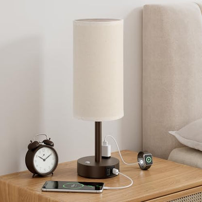 Brown Touch Bedside Lamp for Bedroom, Stepless Dimmable, USB A+C, AC Outlet | Base Touch Button Only, Memory Brightness, Ultra-dim Night Light, Included Bulb for Optimal Dimming, Beige Fabric Shade, Desk - color: Beige & Brown