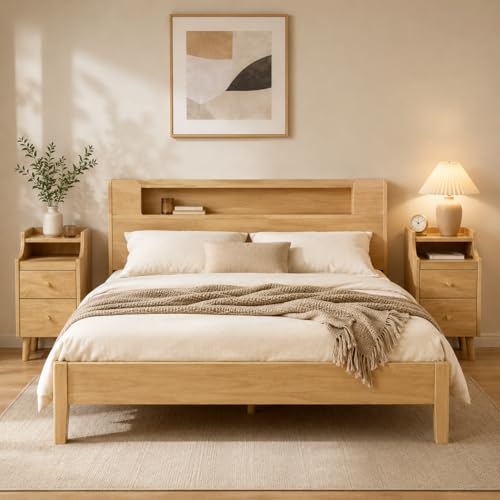 POWERSTONE Narrow Nightstand with 2 Drawers Set of 2, Solid Wood Bedside Table with Pull Out Tray & Cable Hole & Slots, Slim End Side Table for Small Spaces Bedroom, Living Room, Natural - color: Natural