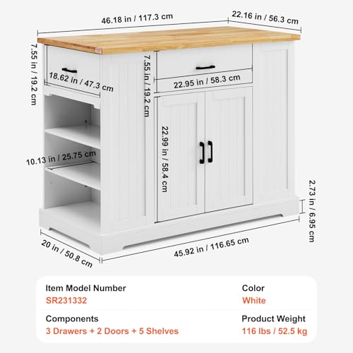 VEVOR 46" Wood Top Breakfast Bar with Storage Cabinet, Farmhouse Kitchen Table with Adjustable Shelf, Drawer, for Dining Kitchen Living Room, White - color: White