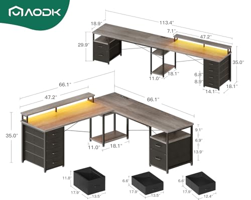 AODK 66" L Shaped Desk, 113" Computer Desk for Home Office and Gaming | Desk with File Cabinet & 4 Fabric Drawers, Monitor Shelf & Power Outlet, Two Person Desk, Gaming Table with LED Light, Grey - color: Grey