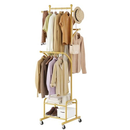 Rolling Clothes Rack with 2 Shelves, Small Gold Clothing Rack with Wheels | Gasvadivum 71" Tall Sturdy Metal Garment Rack with 3 Hanging Rods, Freestanding Portable Coat Rack for Bedroom, Entryway - color: Gold