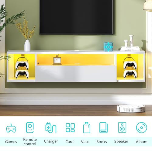 DlandHome 55.1" W Floating TV Stand with LED, Wooden Entertainment Center | Wall Mounted TV Shelf for 50/55/60/65" TV, Media Console with Storage Shelves, Floating Entertainment Center, White - size: 55.1'' White
