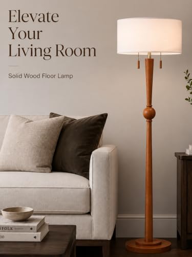 MOFFE Solid Wood Floor Lamp for Living Room,Pull Chains Standing Lamp | 62.8" Tall,17" White Drum Shade,Sculptural Wood Base & Stem,2-Light Design,Standing Lamp for Bedroom,2 Bulbs Included - color: Amber Walnut