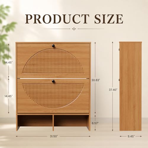 GRUSIGN Shoe Cabinet with 2 Flip Drawers, Narrow Shoe Cabinet Storage for Entryway, Freestanding Shoe Organizer with Adjustable Shelves & Anti-Tipping Device, Shoe Rack Cabinet for Hallway, Foyer - color: Walnut