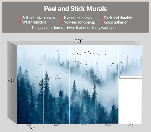 XMPMBM-Peel and Stick Foggy Forest Wallpaper Blue Hazy Pine Tree wall Mural | Tear-resistant,good adhesion,repositionable,and durable;does not peel off easily.size: S-80"X58" - color: X01, size: 80"x58"
