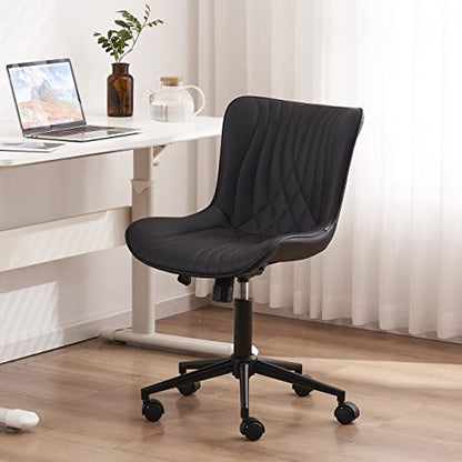 YOUTASTE Black Modern Office Chair, Armless Swivel PU Leather Desk Chair with Wheels, Height Adjustable Rolling Computer Chair with Metal Legs for Bedroom, Home Office, Study, or Vanity - color: Black