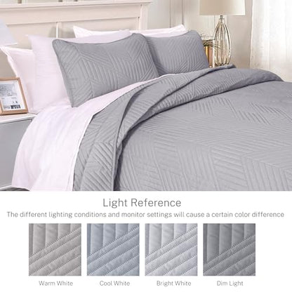 Exclusivo Mezcla Ultrasonic Twin Quilt Bedding Set, Light Grey | Lightweight Bedspreads, Soft Microfiber, Modern Geometric Coverlet, All Season Bed Cover, 1 Quilt and 1 Pillow Sham - color: Light Grey, size: Twin (68"x88")
