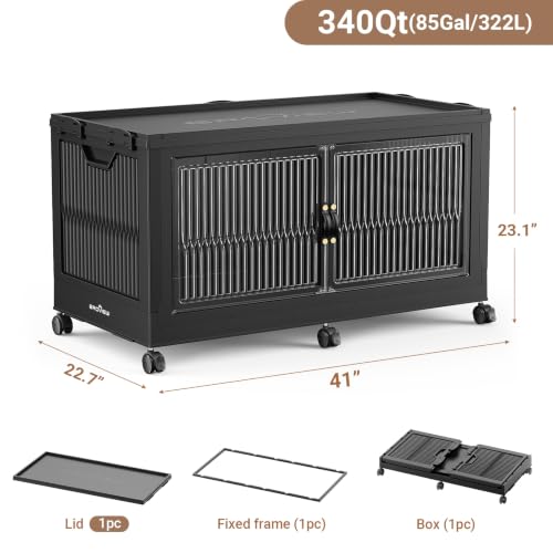 BROVIEW 340QT Extra Large Stackable Storage Bins with Lid, 1Pack Black | 85Gal Plastic Collapsible Cabinets Containers, Wheels & PET Doors, Foldable Closet Organizers Drawers for Office, Dorm - color: Black, size: 85Gal-1Pack