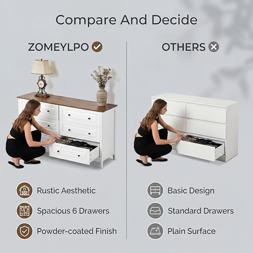 6 Drawer Chest of Drawers for Bedroom Living Room Entryway | Bedroom Furniture Chester, Stylish White Modern Painted Solid Wood Anti-Tip Design Closet Storage Organizer Easy Assembly