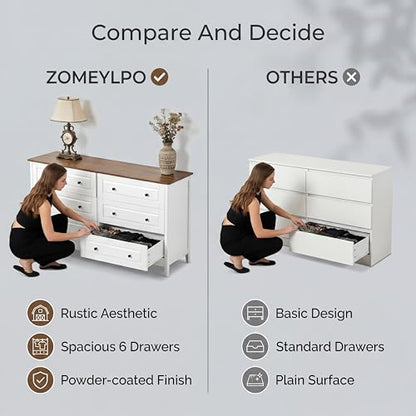 6 Drawer Chest of Drawers for Bedroom Living Room Entryway | Bedroom Furniture Chester, Stylish White Modern Painted Solid Wood Anti-Tip Design Closet Storage Organizer Easy Assembly