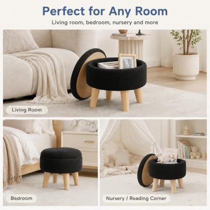Simple Deluxe 13" Round Storage Ottoman with Wooden Legs & Dual-Use Tray Lid, Fluffy Teddy Boucle Ottoman Footstool for Bedroom, Living Room & Vanity, Black - color: Black