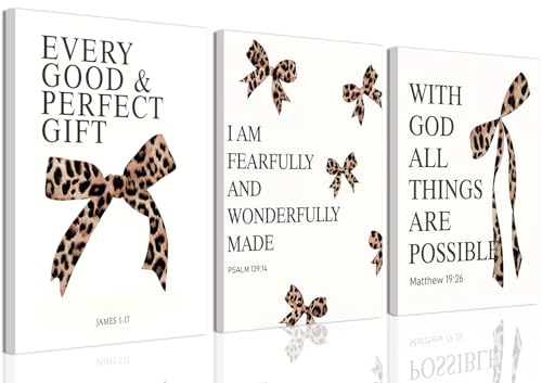 Leopard Bow Wall Art, Y2K Cheetah Print Room Decor for Teen Girls, Inspirational Bible Verses Bow Wall Decor Canvas Pictures Aesthetic for Bedroom Bathroom Dorm 16x24 Inch Framed - color: Leopard print bow, size: 24L"x16W"