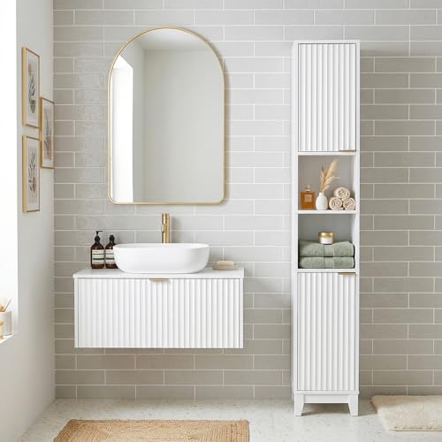 VINGLI White Fluted Tall Narrow Bathroom Cabinet, 67" Slim Freestanding Storage Cabinet for Small Spaces, Wood Linen Tower Floor Cabinet with 2 Doors, Open Shelves & Soft-Close Hinges