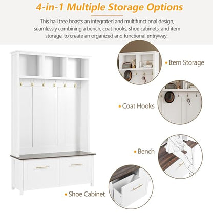 JIVOIT 4-in-1 Entryway Hall Tree with Brown Wood Grain Storage Bench, Wood Entryway Coat Hanger Hall Tree with 6 Golden Hooks, 2 Drawers, Coat Rack for Living Room, Hallway (White/31) - color: White/31