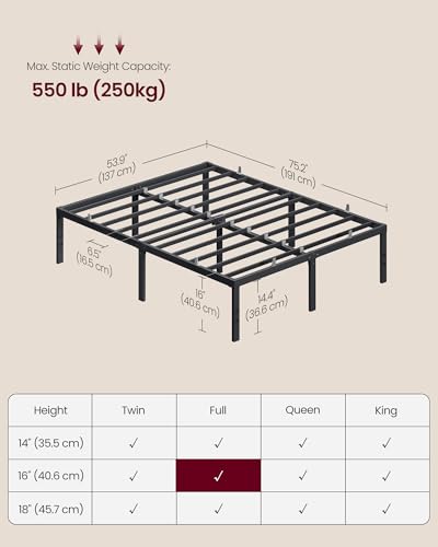 VASAGLE Full Metal Bed Frame 16 Inches Tall, 1100 lb Weight Capacity, No Box Spring Needed, with Under-Bed Storage, Easy Setup, Heavy-Duty Platform Bed, Mattress Retainers, Matte Black URMB662BD02S - size: Full, style: 16 Inch
