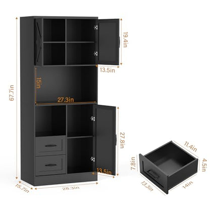Farmhouse Kitchen Pantry Cabinet with LED Lights and Power Strip, Tall Kitchen Storage Cabinet, Kitchen Hutch with Microwave Stand & Barn Doors and Drawers for Dining Room - color: Black, style: Modern