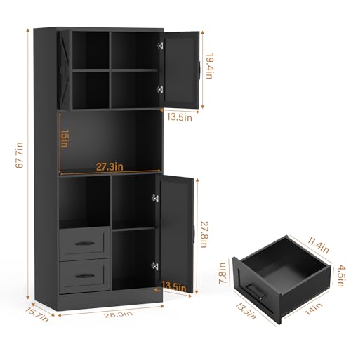 Farmhouse Kitchen Pantry Cabinet with LED Lights and Power Strip, Tall Kitchen Storage Cabinet, Kitchen Hutch with Microwave Stand & Barn Doors and Drawers for Dining Room - color: Black, style: Modern