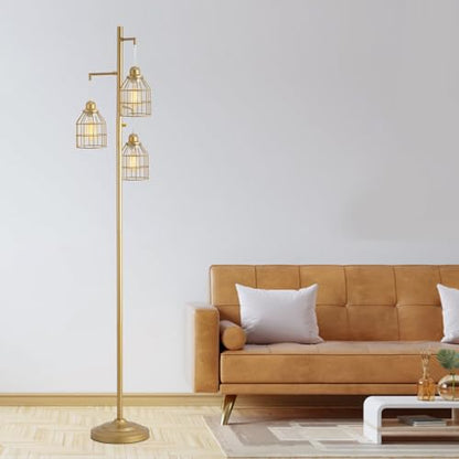 9MMML Golden Dimmable Floor Lamp,Industrial Gold Farmhouse Tall Standing Lamp for Living Room, Bedroom Office,3 Teardrop Cage Lampshade,3 LED Bulbs Inculded, 68'' Tall - color: Gold B