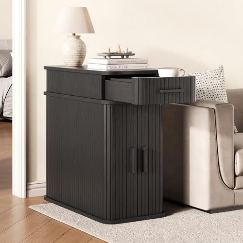 Side End Table with Charging Station, Slim Nightstand with Drawer, Mid-Century Wood Skinny Bedside Table with Storage, Narrow Side Tables for Small Space Living Room Bedroom Office Sofa Couch Black - color: Black
