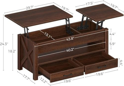 Multifunctional Lift Top Coffee Table, Convertible Wooden Coffee Table with 2 Drawers & Hidden Compartment, Storage Center Table for Living Room Home Office,Walnut Brown - color: Walnut Brown - 47.2 Inch