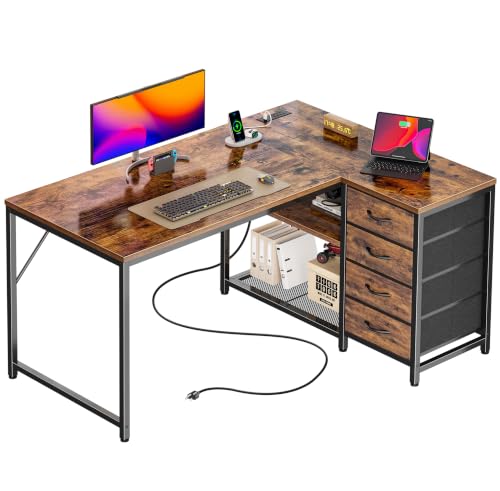 43.3" Small Computer Desk with Power Outlets & USB-C Port | Reversible L Shaped Corner Office Desk with 4 Drawers and 2 Adjustable Storage Shelves, for Gaming Writing, Rustic Brown - color: Rustic Brown, size: 43.3 Inch
