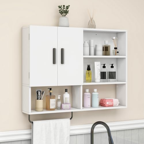 Bathroom Wall Cabinet with Towel Bar & 2 Doors, White - color: White
