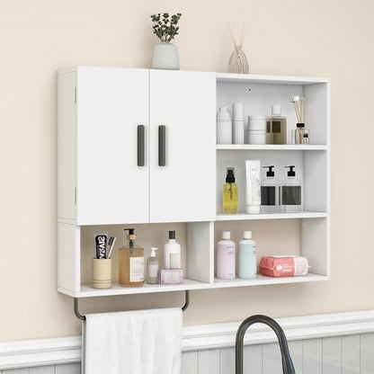Bathroom Wall Cabinet with Towel Bar & 2 Doors, White - color: White