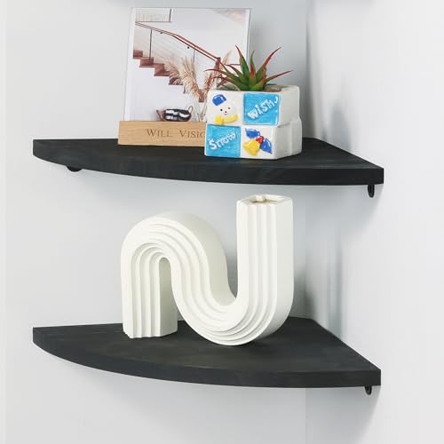 JORIKCHUO 10 inch Corner Shelf, Set of 2 Solid Wood Corner Floating Shelves for Wall, Round End Wall Mounted Floating Shelf for Bedroom, Living Room and Kitchen (Black-10 inch)