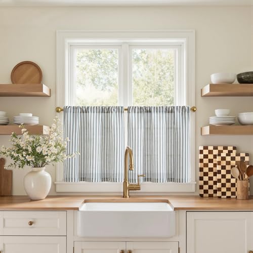 jinchan Striped Linen Kitchen Tier Curtains, 20 Inch, Blue, 2 Panels | Light-filtering linen blend tiers with rod pockets, adding breezy coastal style to kitchens, bathrooms and small windows. - color: Rod Pocket Blue, size: 26"W x 20"L (Pack of 2)