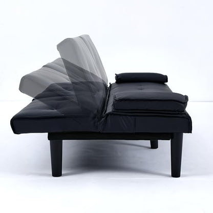 67" Futon Sofa Bed, Convertible Leather Futon Couch (Black) | Sleeper Bed Couches with Adjustable Backrest, Cup Holders, Comfy Folding Loveseat Couch for Small Spaces Living Room Office - color: Black
