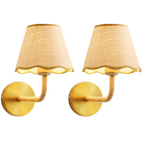 Boho Set of Two Hand Woven Ratten Wall Sconce, Hardwired Wall Sconces with Grass-Woven Lampshade for Bedroom Living Room Hallway Porch, E26 Base - size: Hardwired (2 Pack)