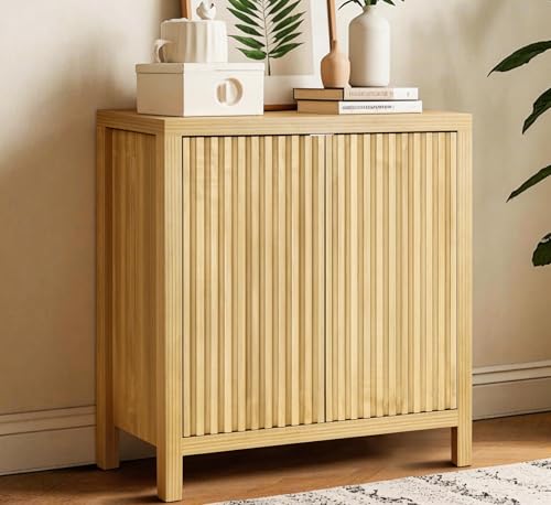 ZYBT Fluted Sideboard Buffet Cabinet, Mid Century Modern Accent Cabinet with 2 Doors and Adjustable Shelf, Storage Cupboard Credenza Console Table for Living Kitchen Dining Room Hallway (Oak) - style: 2Door Oak