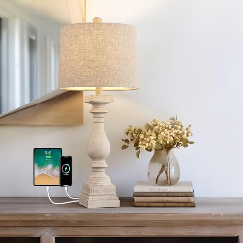 BOBOMOMO Retro 27" USB Charging Ports A/C Wash-White Farmhouse Lamps for Bedrooms Side Table Lamps Bedside Lamp for Nightstand Living Room 1 Pack (Blubs not Included) - color: Off-White