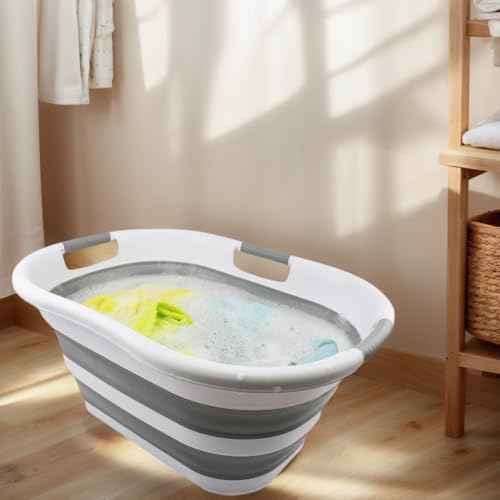 SAMMART 40L (10.5 gallon) Collapsible Plastic Laundry Basket - Foldable Pop Up Storage Container/Organizer - Portable Washing Tub - Space Saving Hamper/Basket (1, White/Grey) - color: White/Grey