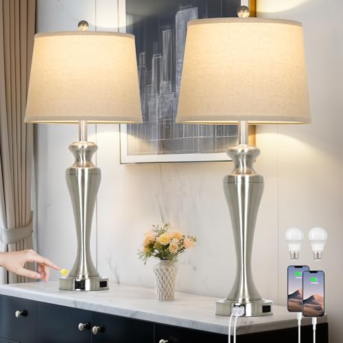 CINSARY Silver Table Lamps Set of 2, Touch Control Bedside Lamp with USB A+C Ports and AC Outlet, 3-Way Dimmable Bedroom Lamps for Nightstand, Tall Brushed Nickel Living Room Lamp for End Table - color: Silver (2 Pack)