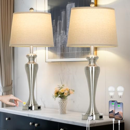 CINSARY Silver Table Lamps Set of 2, Touch Control Bedside Lamp with USB A+C Ports and AC Outlet, 3-Way Dimmable Bedroom Lamps for Nightstand, Tall Brushed Nickel Living Room Lamp for End Table - color: Silver (2 Pack)