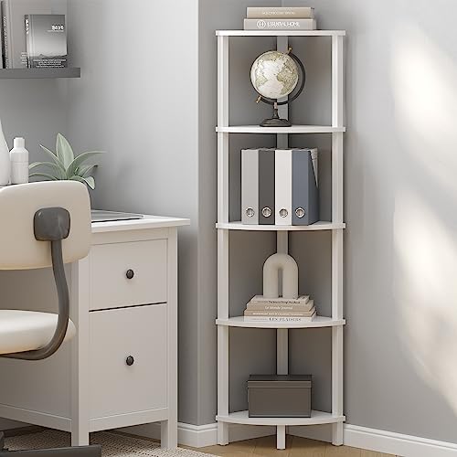VIMBER Corner Shelf, 5-Tier Corner Bookshelf, Industrial Corner Ladder Shelf, Modern Display Shelf for Living Room, Bedroom, Kitchen, Home Office, White UJSJ001W - color: White, size: 5-Tier without LED