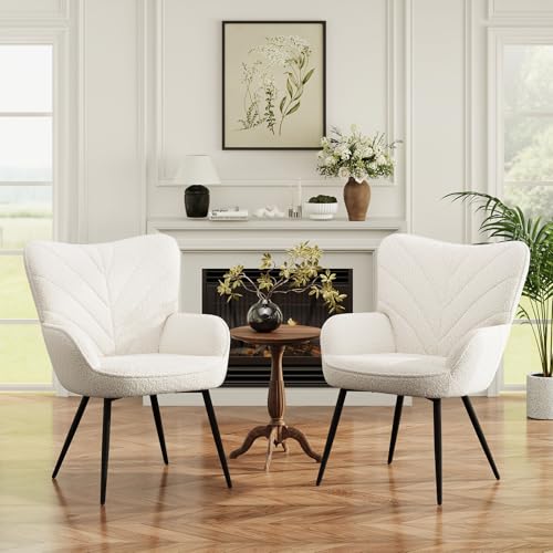 MALOL Mid-Century Sherpa Upholstered Accent Chair, Cozy Armchair with Curved Backrest, Sturdy Metal Legs, Soft Fabric Chair for Living Room, Bedroom & Reading Area,Beige - color: Beige, size: set of 2
