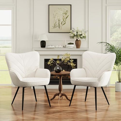 MALOL Mid-Century Sherpa Upholstered Accent Chair, Cozy Armchair with Curved Backrest, Sturdy Metal Legs, Soft Fabric Chair for Living Room, Bedroom & Reading Area,Beige - color: Beige, size: set of 2
