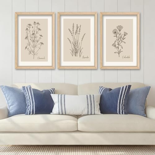 Vintage Botanical Prints Wall Art 11x16–3 Piece Rustic Frame Bathroom Decor | Minimalist Rustic Wildflower Pictures Floral Sign Bedroom Wall Hanging - color: Vintage Botanical (Wood), size: 11"L x 16"W