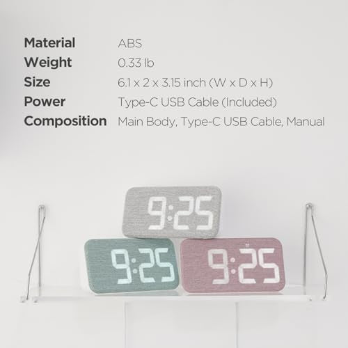 mooas Cosy Fabric LED Desk Clock, Digital Alarm Clock (Light Grey) | USB Charging Port, 12/24H Mode, Temperature Display, Alarm & Snooze, Cozy Atmosphere, Non-Slip Silicone pad for Stability - color: Light Grey